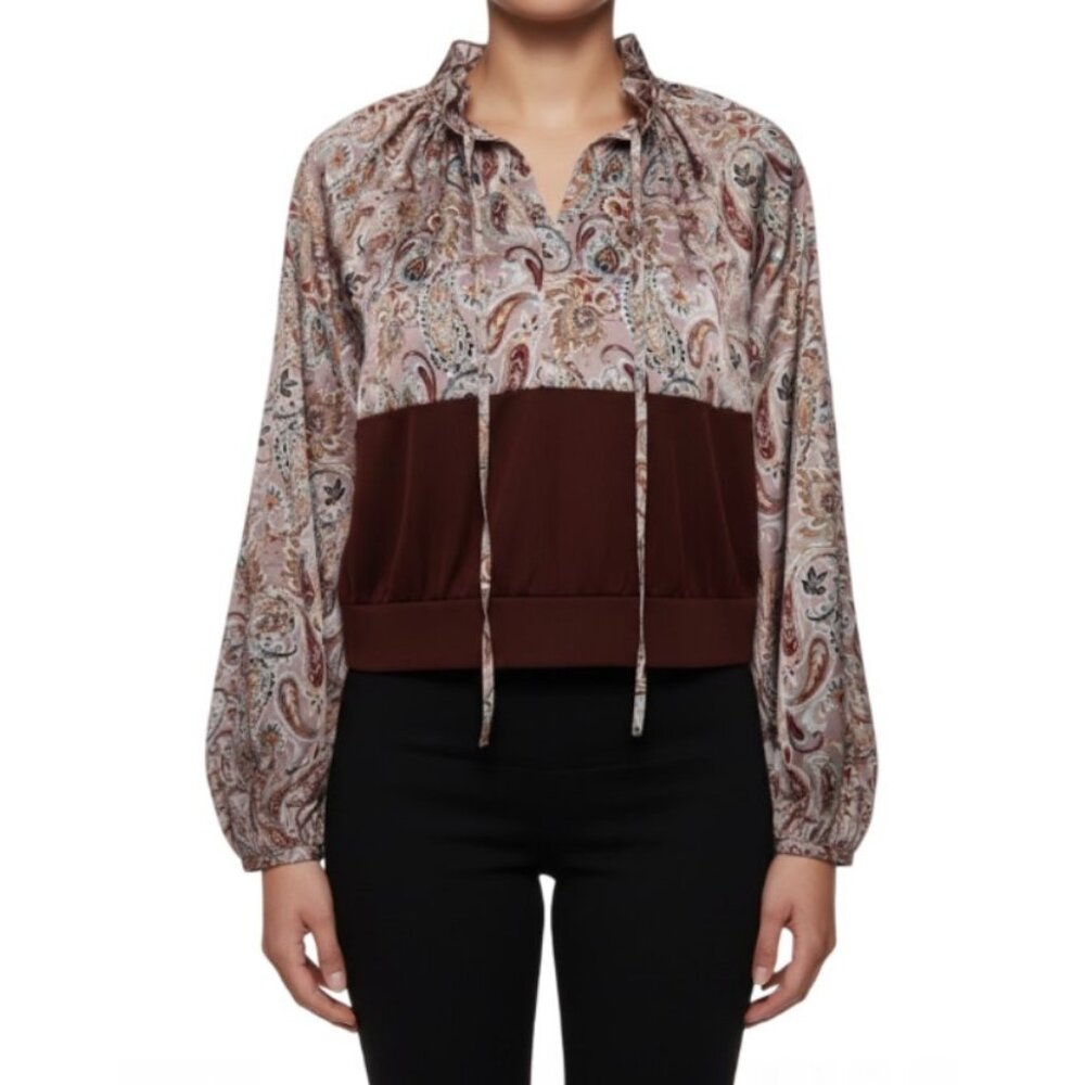 Refried Apparel Women Taupe Satin Paisley Long Sleeve Shirt Blouse Top (L) NWT